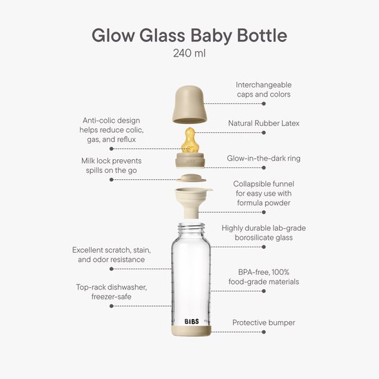 BIBS Glazen Babyfles - 240 ml - 1-pack - Natuurrubberen speen - Vanilla Glow — afbeelding 3