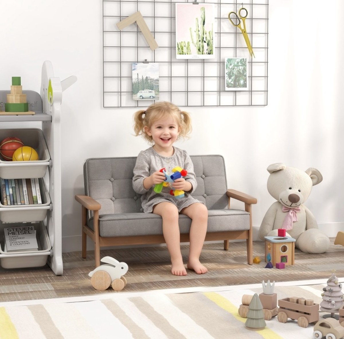 Wishdor Kinderbank - 2-zits kindersofa - Houten frame - Fluweellook - Grijs - 77 x 42 x 48 cm