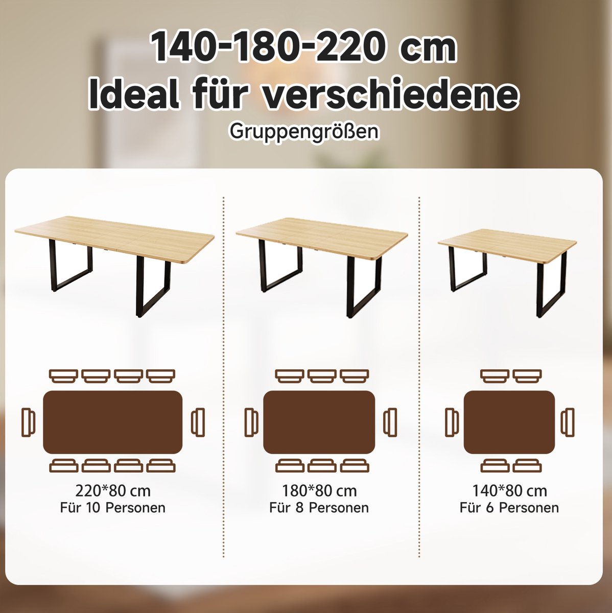 Wishdor Uitschuifbare eettafel - Rechthoekig - MDF en metaal - Modern - Voor 6 tot 10 personen - Eikenkleur - 220 x 80 x 75 cm