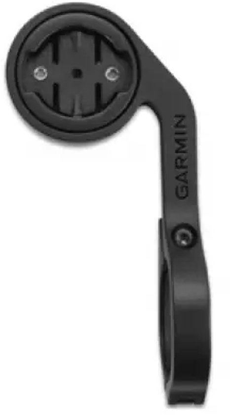 Zwarte Garmin fietscomputersteun met logo op de arm. Geschikt voor montage op het stuur.