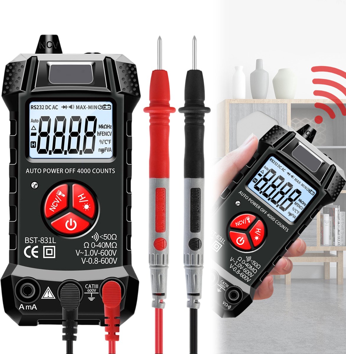 Digitale multimeter- Spanningsmeter- AC/DC Spanningsmeter Electriciteit met LED zaklamp-NCV detectie- Inclusief Stroomkabels en Batterij- Weerstandsmeting- Automatische uitschakeling- Zwart