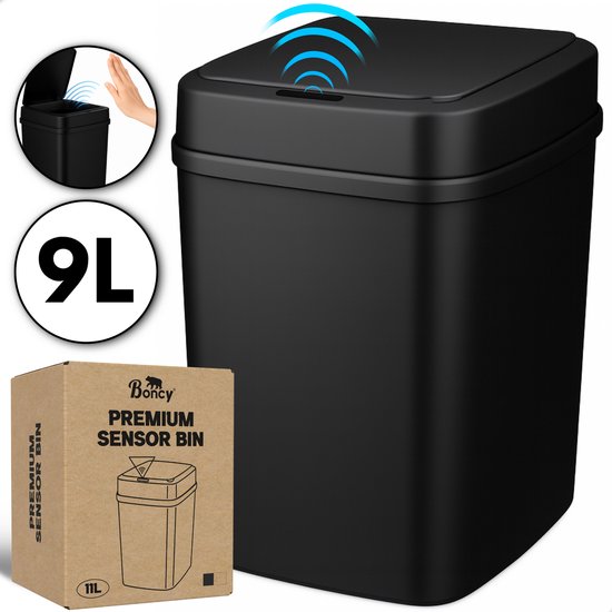 Poubelle noire Boncy 9L avec capteur et couvercle ouvrant. Boîte incluse.