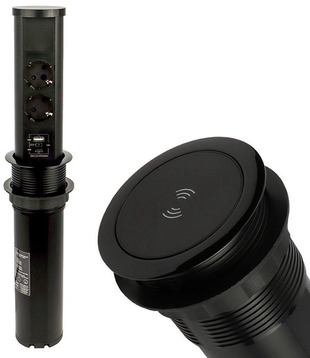 Design Light Towerbox met Qi-lader - Lift-up verticale stekkerdoos met 2 stopcontacten - Verdeeldoos met USB A & C – Inbouw stekkerdoos met Qi-lader - 1,5 meter kabel randaarde – Zwart