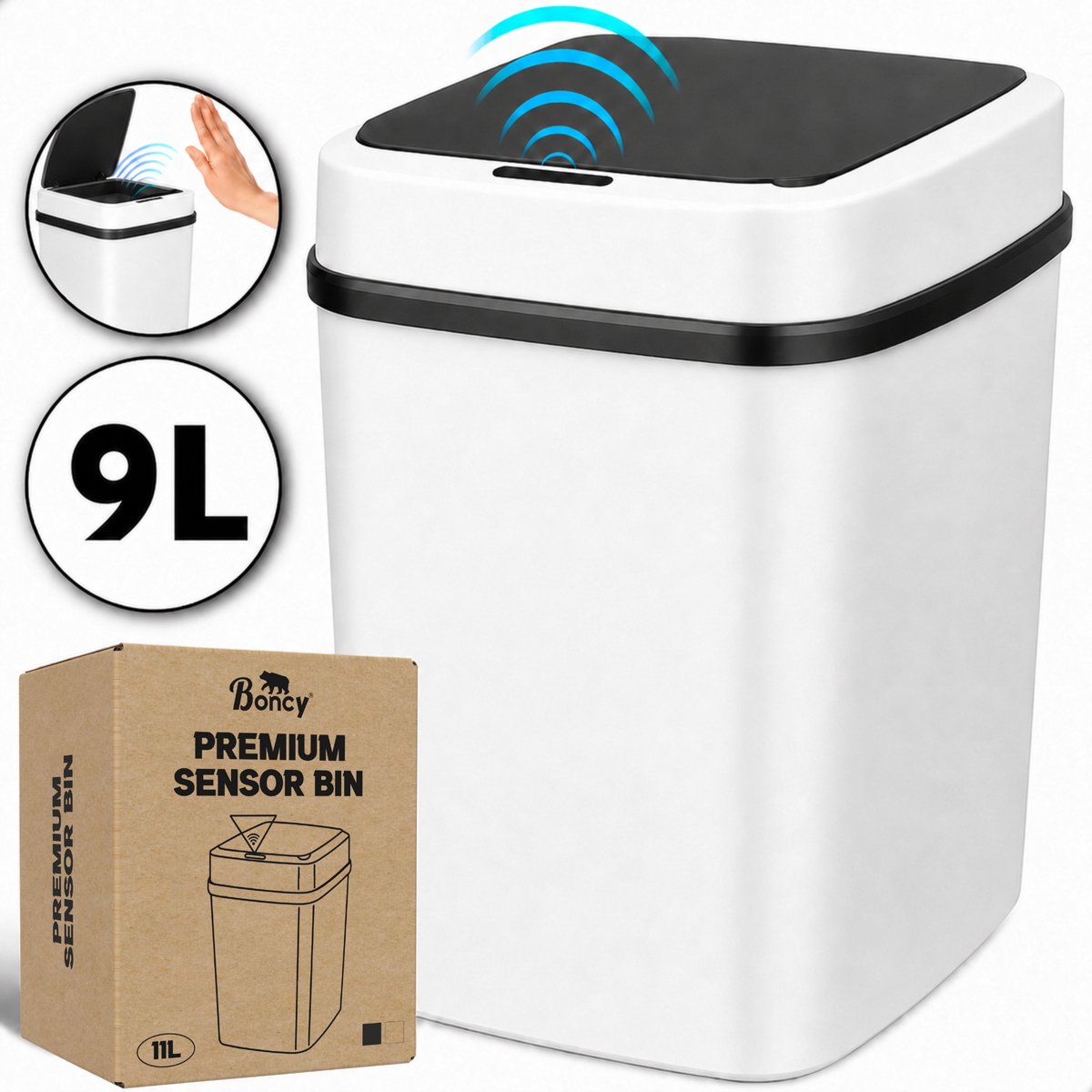 Boncy® Premium Prullenbak met Sensor - Pedaalemmer Afvalbakje met Deksel - 13 Liter Afvalbak Badkamer WC Kamer of Aanrecht - Mini Pedaalemmers Vuilnisbak met 4 open-opties - Prullenbakken Toilet Prullenmand