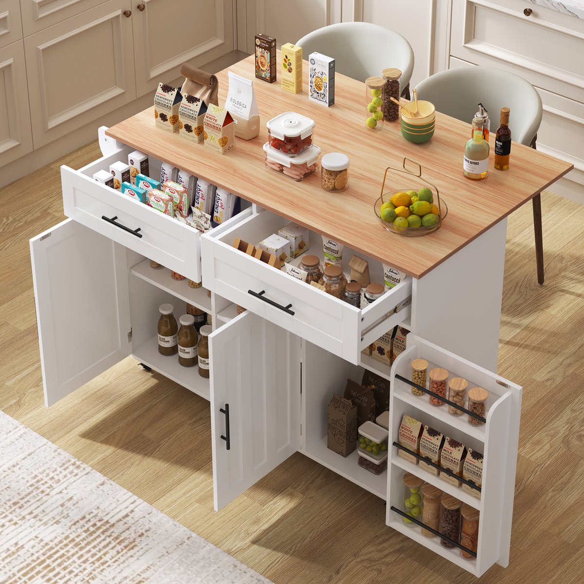 Keukeneiland op Wielen - Mobiel Keukeneiland - Keukentrolley, Eetkamerwagen/Dressoir 129x46(71)x91,5 cm, Werkblad Van Massief Houtnerf + Witte Kast/Opklapbaar Werkblad/Opbergdeur/Wielen/Omkeerbare Poten Van Massief Hout-Wit