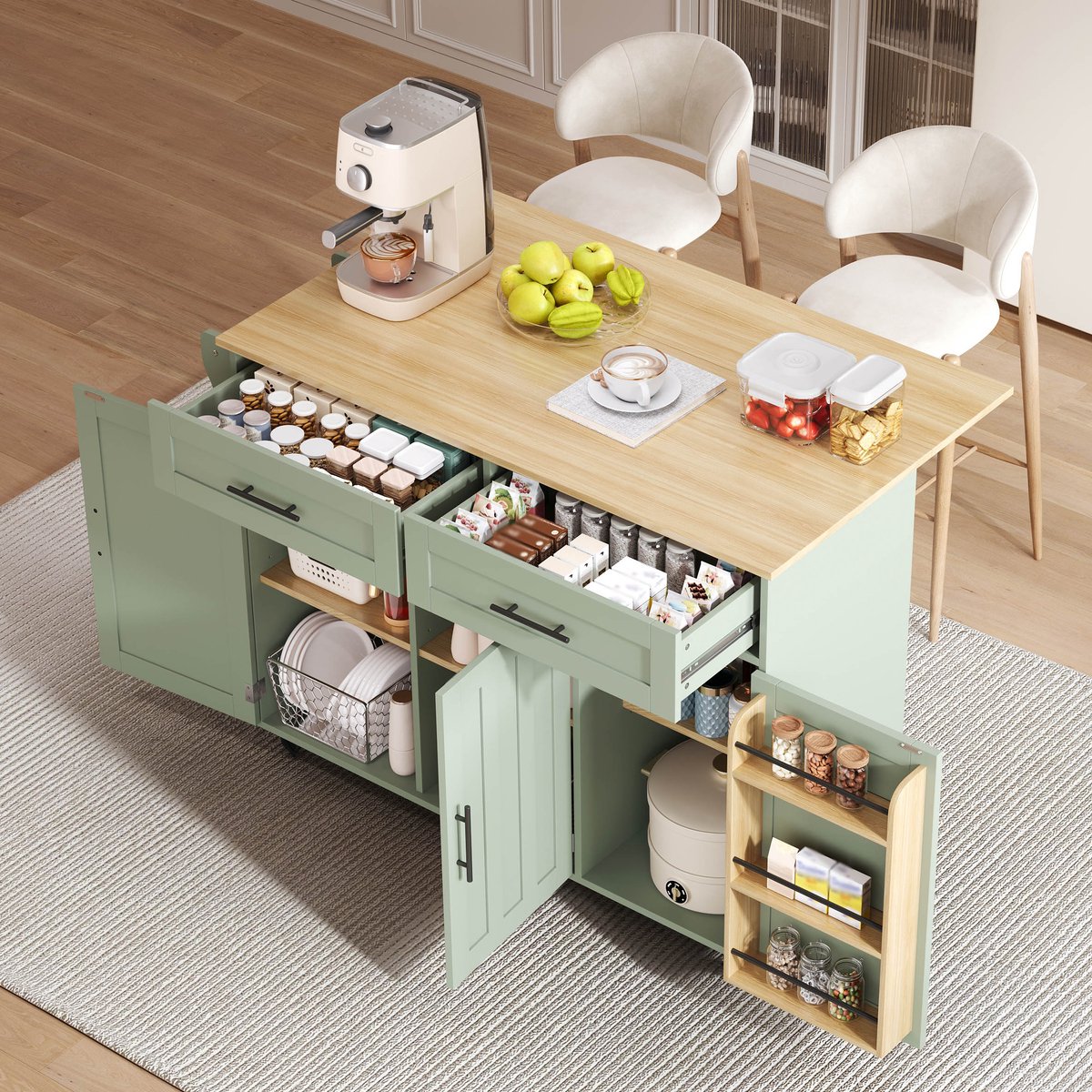 Keukeneiland op Wielen - Mobiel Keukeneiland - Keukentrolley, Eetkamerwagen/Dressoir 129x46(71)x91,5 cm, Werkblad Van Massief Houtnerf + Witte Kast/Opklapbaar Werkblad/Opbergdeur/Wielen/Omkeerbare Poten Van Massief Hout-Groente