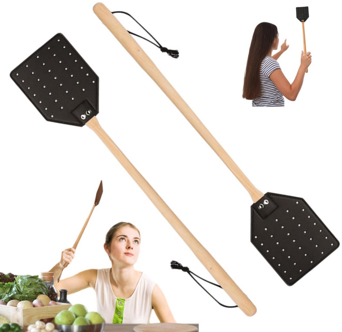 Set van 2 leren vliegenmeppers –Vliegenmepper- Robuuste handmatige meppers – Met lange houten steel – Duurzaam ontwerp – Geschikt voor gebruik in en om het huis – 50 x 10 cm