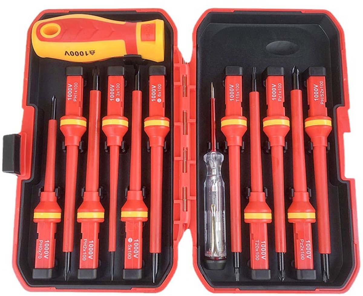 13-delige VDE geïsoleerde schroevendraaierset, magnetische schroevendraaierset voor elektriciens, verwisselbare Torx-schroevendraaierset met spanningsmeter, duurzaam handgereedschap voor reparaties