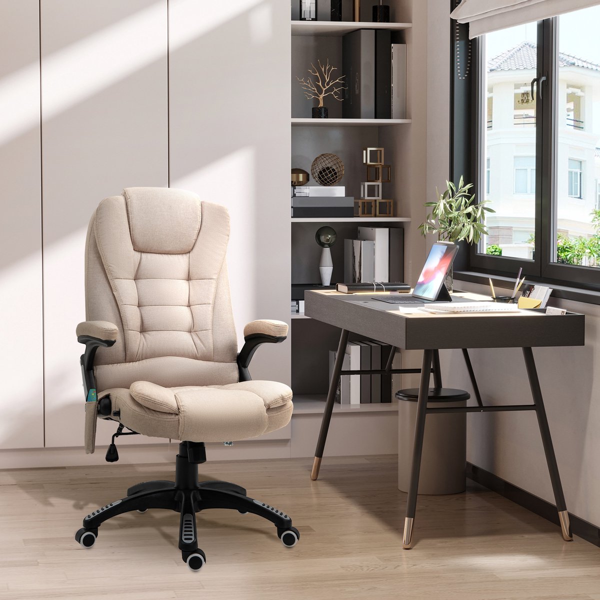 REDOM - Bureaustoel met massagefunctie en verwarming - 360° draaibaar met kantelbare rugleuning - Met vaste armleuningen en hoofdsteun - Linnenlook - Kantoor - Stof - Beige - 120 x 72 x 68 cm