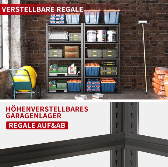 Wishdor Metalen opbergrek - 5 niveaus - 650 kg draagvermogen - Verstelbaar en deelbaar tot 2 werkbanken - Industrieel - Garage magazijn werkplaats - Staal - Zwart - 160 x 80 x 40 cm — afbeelding 5
