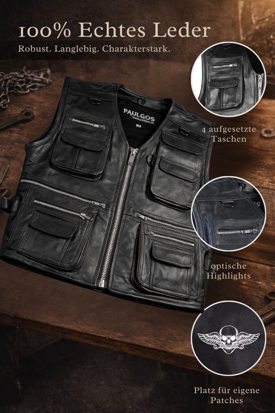 Paulgos vest van 100% echt leer met zakken, ritssluitingen en ruimte voor patches, op een houten achtergrond.