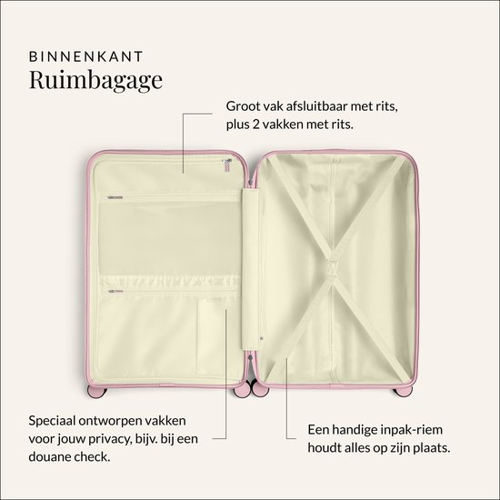 Open roze SUITSUIT koffer met vakken, rits en inpakriemen.