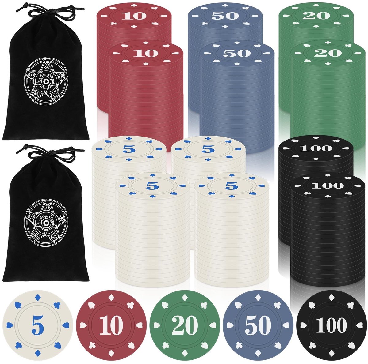 Elzusha - 240 Poker Chips - Plastic met Waarden - 5 Kleuren