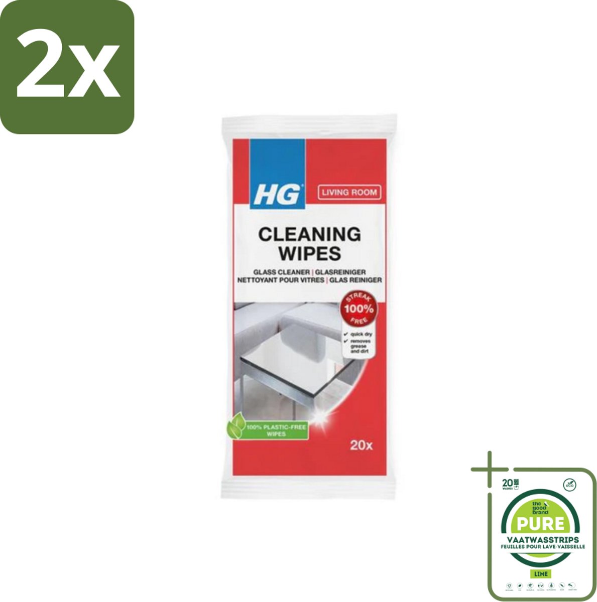 HG - Woonkamer - Glasreinigingsdoekjes - Reinigt Streeploos - 20 Doekjes - Voordeelverpakking - 2 stuks - Glasreiniging - Streeploos schoon