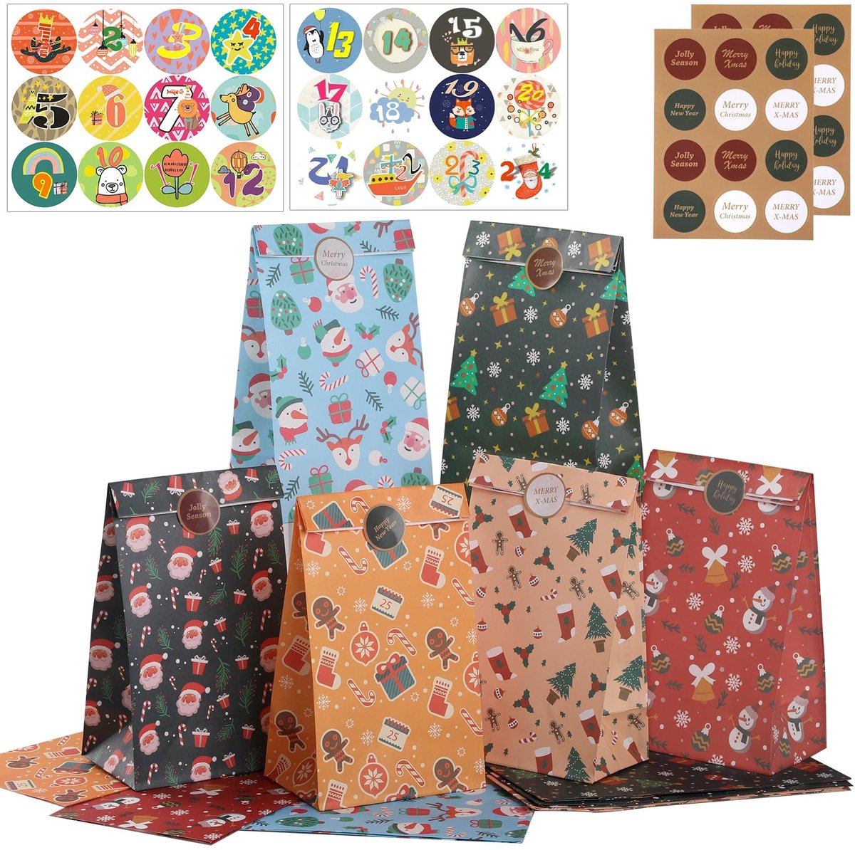 Elzusha - Advent Kalender met 24 Papieren Cadeauzakken en Stickers