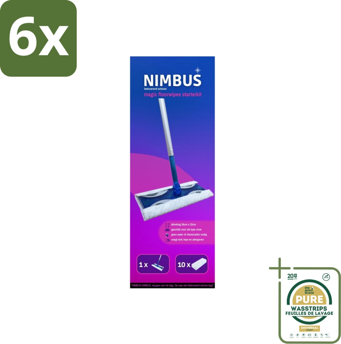 NIMBUS Magic Vloerdoek Starterkit 1 Dweil + 10 Droge Vloerdoekjes 1 set - Voordeelverpakking - 6 stuks - Schoonmaken - Huisdierhaar