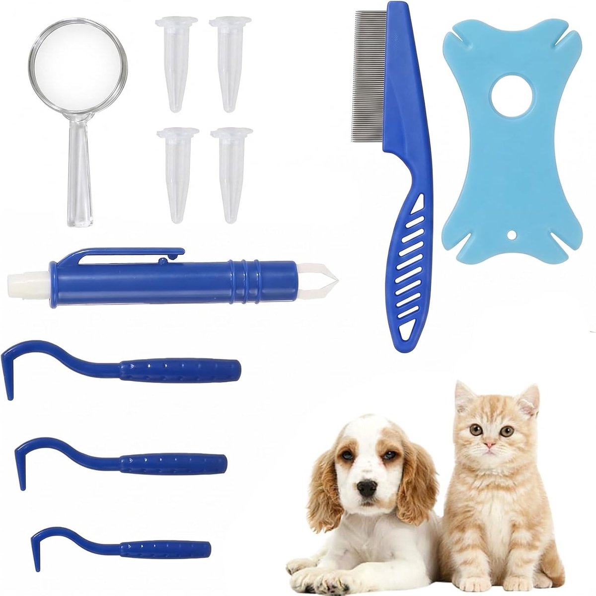 Complete 11-delige Teken Verwijderingsset voor Honden en Katten met Loep, Vlooienkam en Testbuizen voor Dierverzorging en Hygiëne