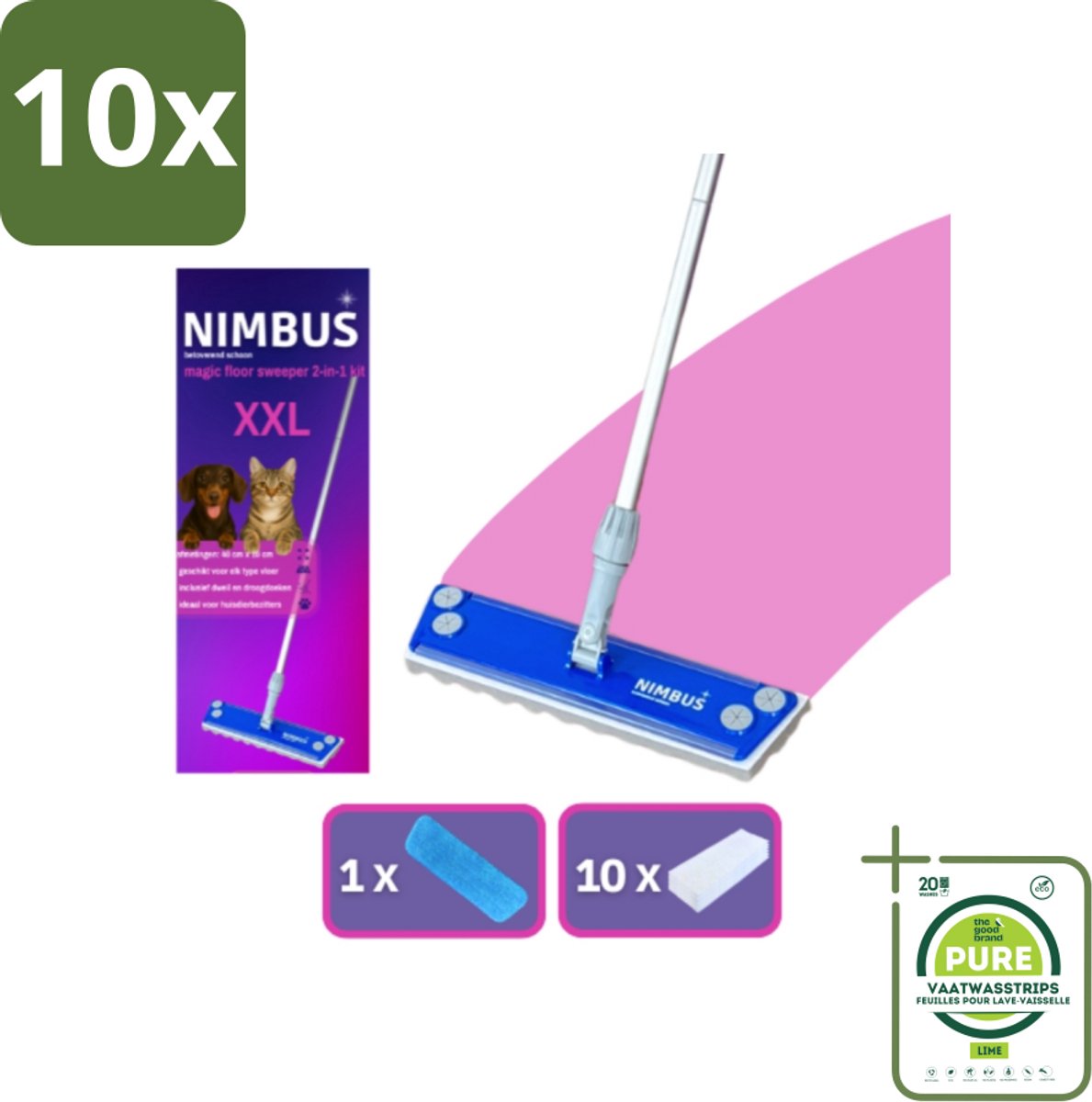 10 x NIMBUS Magic Floor Sweeper XXL 2-in-1 Kit 1 Dweil + 10 Droge Vloerdoekjes 1 set - Grootverpakking - Vloerwisser - Schoonmaken - Droog Reinigen - Vochtig Reinigen - Vloer Schoonmaken