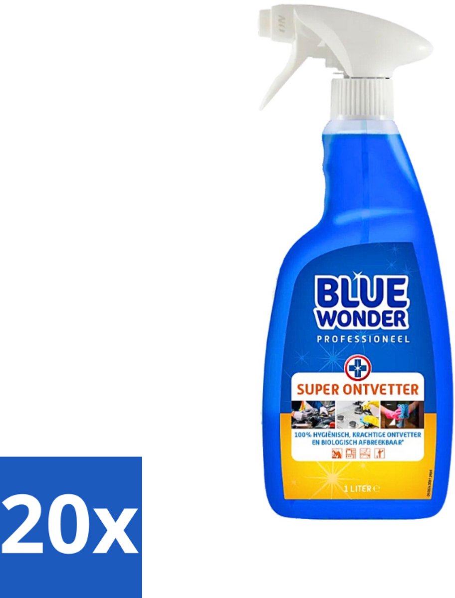 20 x Blue Wonder Professionele Superontvetter Spray 1 liter - Ontvettingsmiddel - Superontvetter - Keuken Reinigen - Badkamer Reinigen - Vet Verwijderen