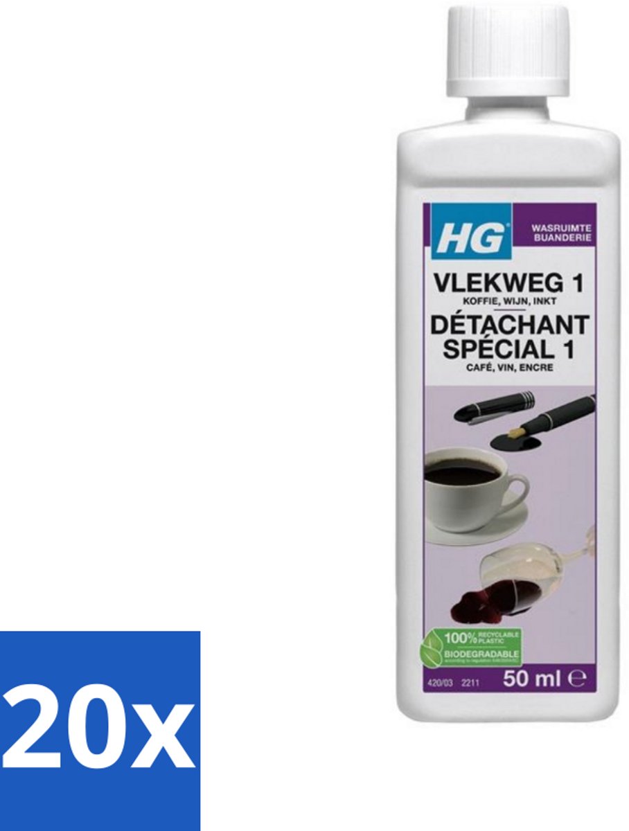 20 x HG - Wasruimte - Vlekweg 1 - Koffie, Wijn & Inkt - 50 ml - Vlekverwijderaar Textiel - Koffievlek - Wijnvlek - Inktvlek - Vlek Op Kleding