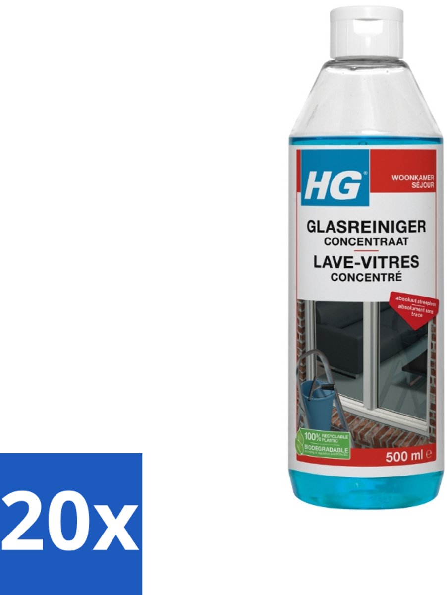20 x HG Glasreiniger Concentraat 500 ml - Glas Reinigen - Streeploos Reinigen - Ramen Reinigen - Glazen Reiniger - Reinigingsmiddel