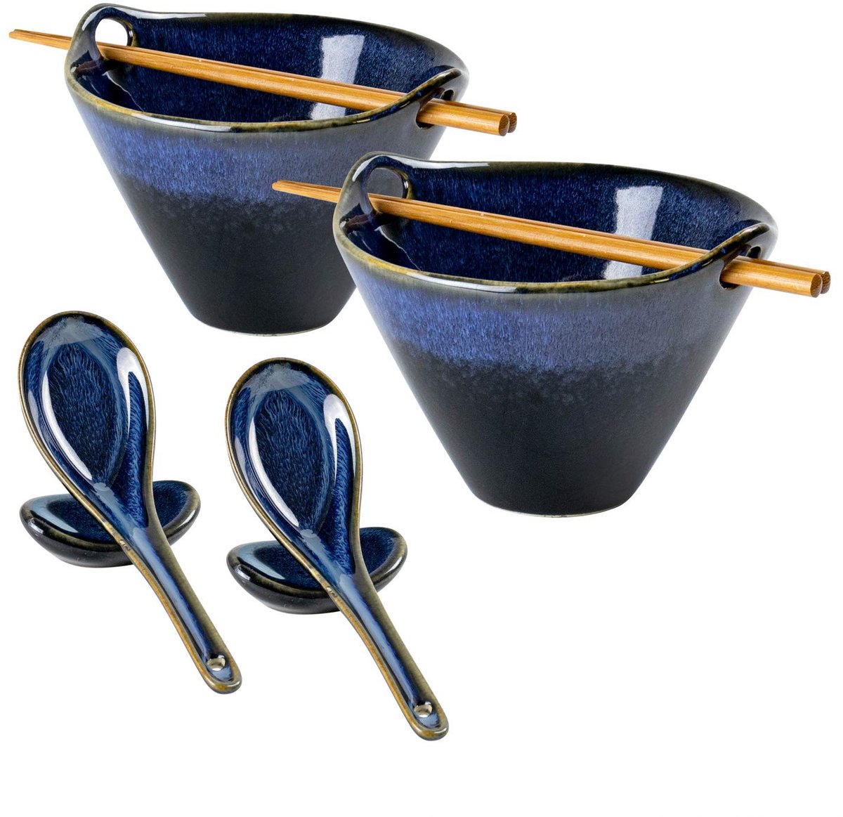 Elzusha - Set van 2 Keramische Noodleschalen met Lepels en Stokjes