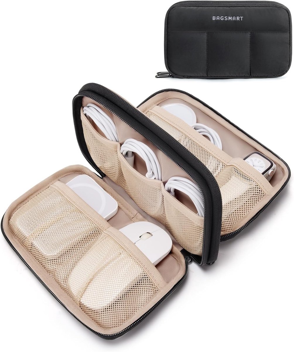 Waterdichte Elektronica Organizer voor Vrouwen, Dubbel Zip Kabeltas voor Reizen, Powerbank en Oplaadkabels, Handige Accessoires voor Thuis en Op Reis, Zwart