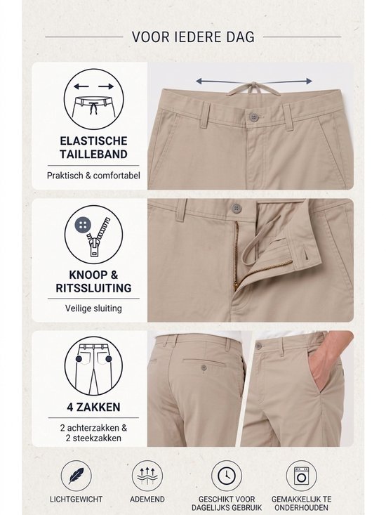 Beige chino broek met elastische tailleband, knoop- en ritssluiting en vier zakken. Lichtgewicht en ademend.