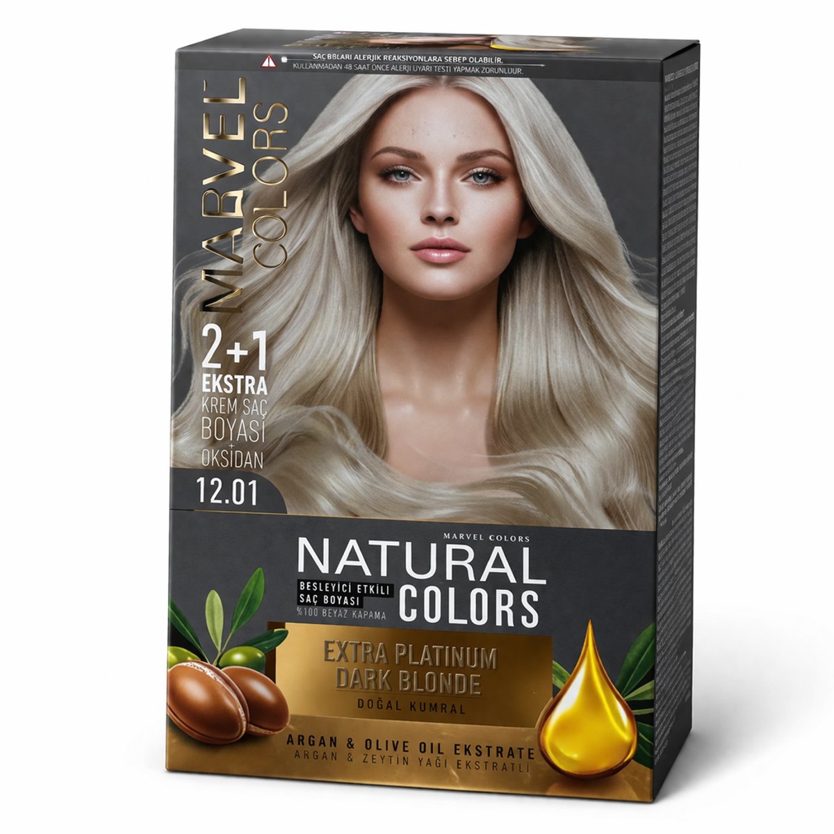 Marvel Natural Colors 12.01 Extra Platina Donkerblond Haarverf – Koele Zeer Lichte Blonde Tint, Intense Pigmentatie, 100% Grijsdekking, Verrijkt met Argan- en Olijfolie, 2+1 Set Permanente Crème Haarverf