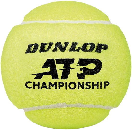 Een Dunlop ATP Championship tennisbal, felgeel met zwarte tekst.