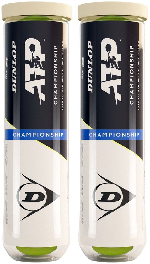 Twee tubes Dunlop ATP Championship tennisballen, elk met gele, groene en zwarte opdruk.