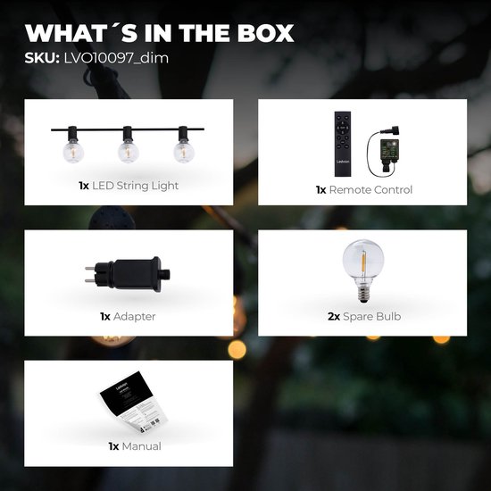 Wat zit er in de doos: LED-lichtsnoer, afstandsbediening, adapter, 2 reservelampen, handleiding.