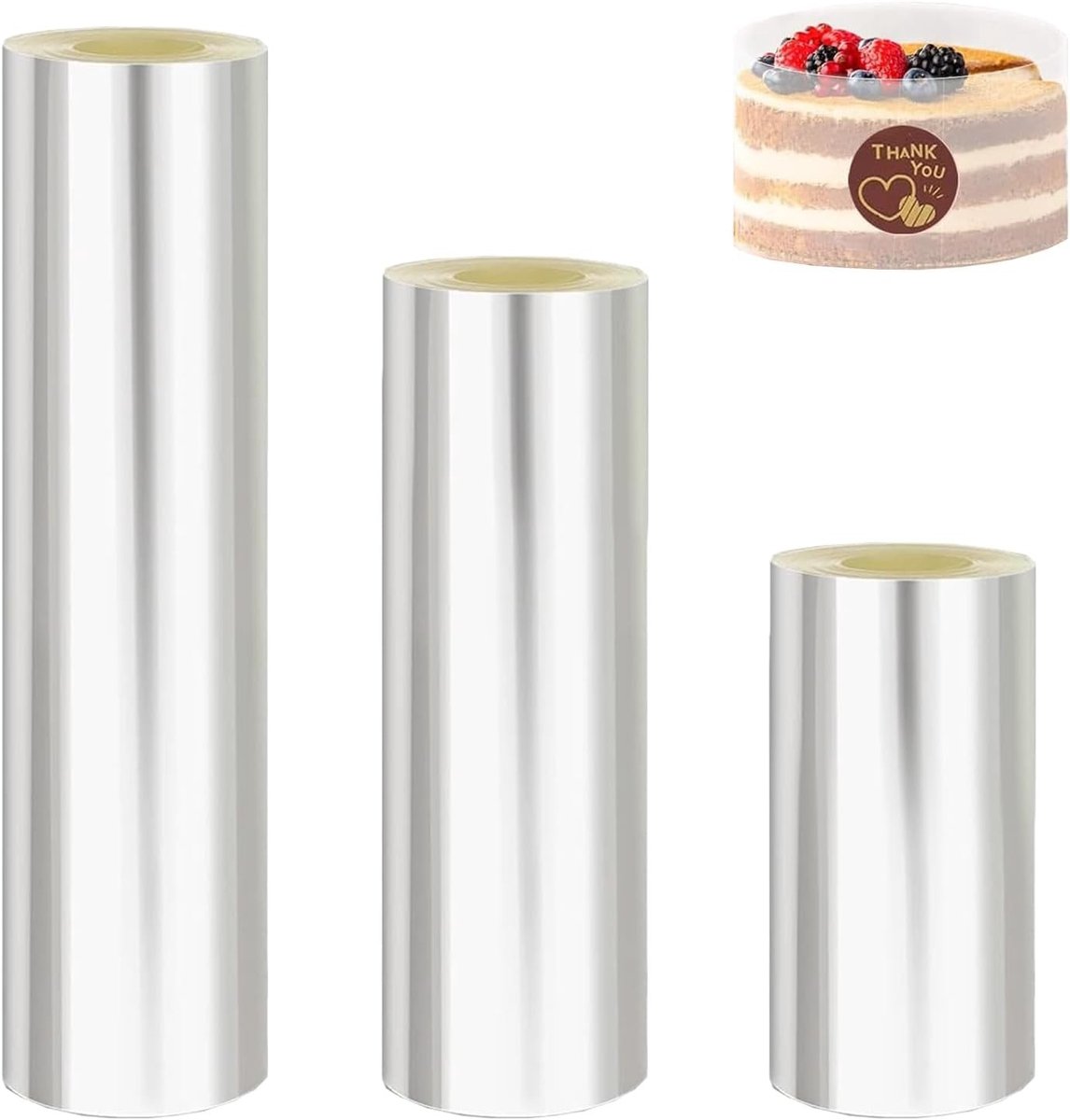 Set van 4 Cake Wraps, 10/20/30 cm x 30 m, Transparante Acetaatfolie, Herbruikbaar en Snijdbaar, Perfect voor Taarten, Chocolade en Desserts