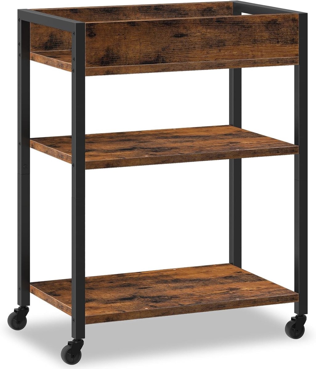 3-laagse serveertrolley met padding voor keuken en eetkamer, vintage bruin en zwart, 64 x 40 x 85 cm, multifunctionele bar trolley