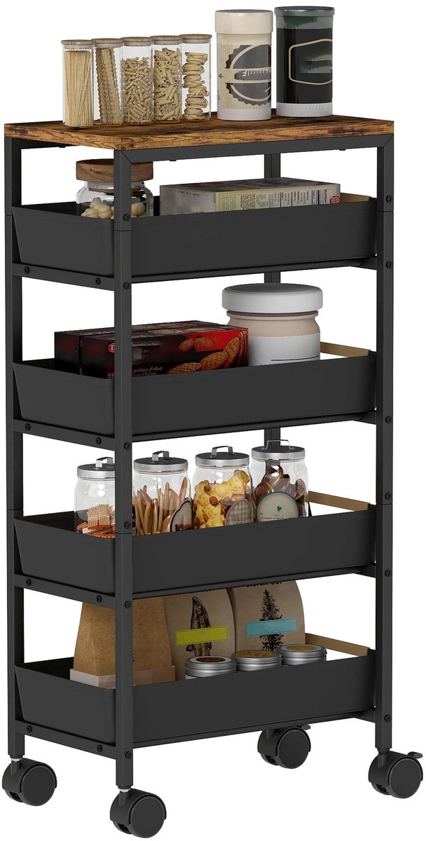 Noventra - Keuken Trolley – Verrijdbaar Keukenrek – Keuken Opbergrek – Keuken Organizer – Opbergkast op Wielen – 4 Etages – Zwart