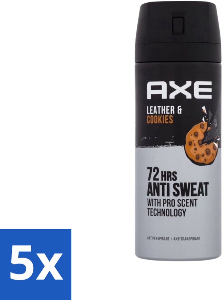 5 x Axe - Deodorant Spray - 72hrs Anti Sweat - Leather & Cookies - 150 ml - 72 Uur Anti Zweet - Deodorant Spray - Zweetbestendig - Leer En Koekjes Geur - Langdurige Frisheid