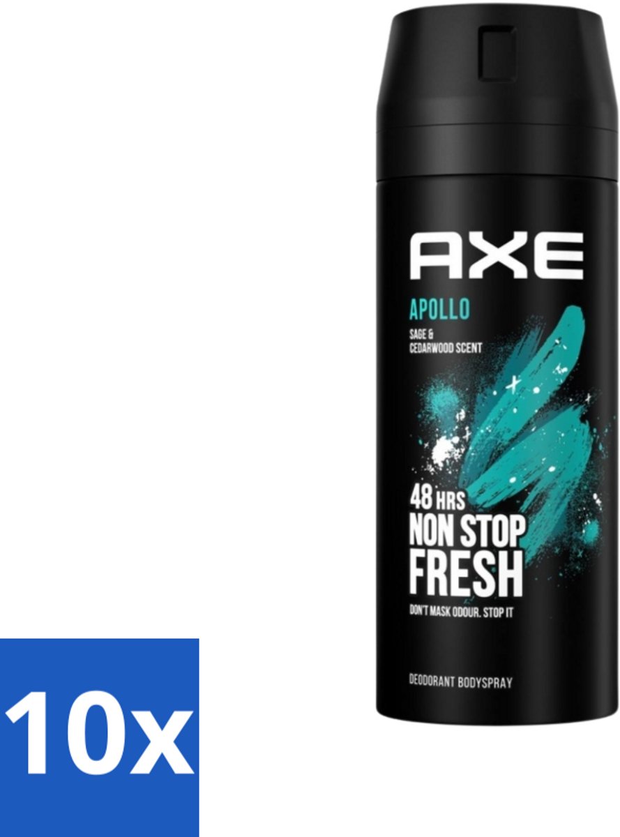 10 x Axe - Deodorant Bodyspray - 48hrs Fresh - Apollo - Sage & Cedarwoord - 150 ml - 48 Uur Bescherming - Deodorant Sprayer - Geur Van Groen Fruit - Sandelhout - Verse Salie