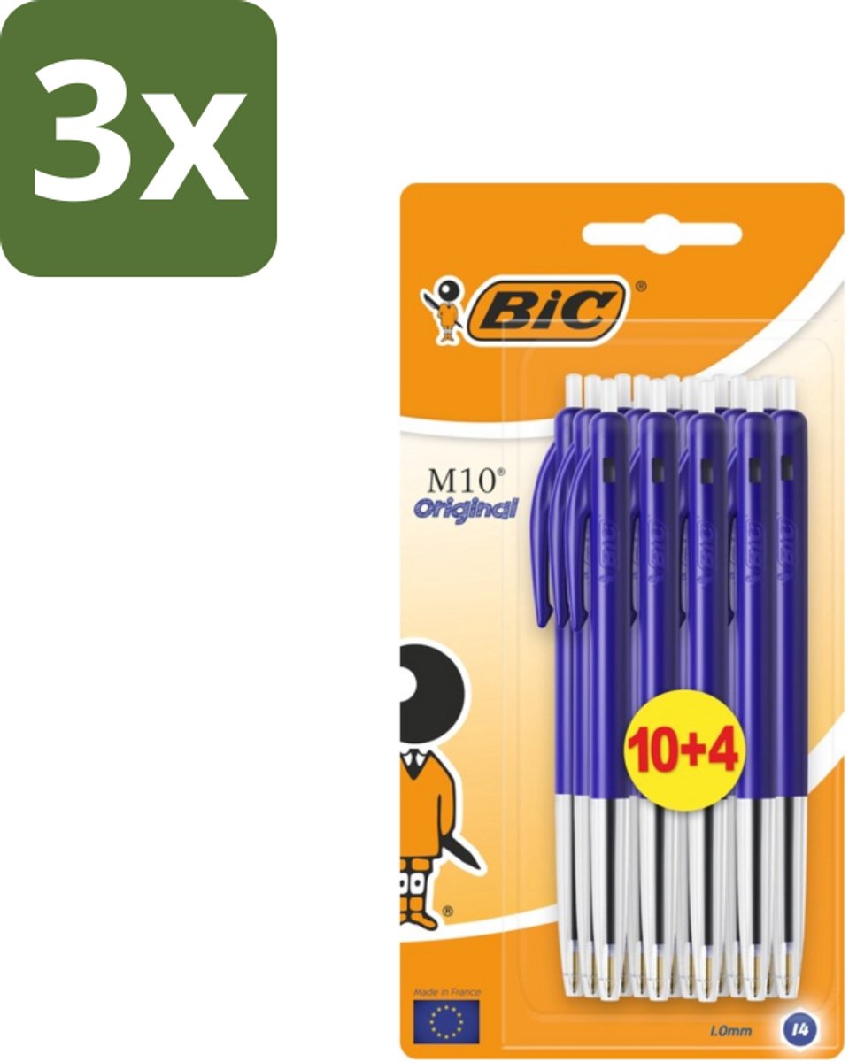 3 x BIC - M10 Original - Balpennen met Kliksysteem - Blauw - 1 mm Punt - 14 Pennen - Balpen - Schrijfset - Balpen Set - BIC M10 - Balpen Blauw