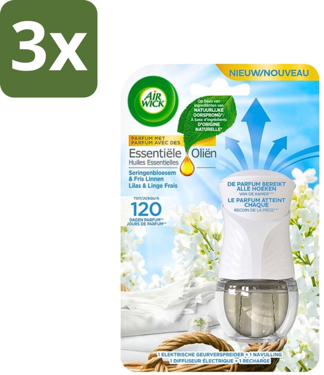 3 x Air Wick Essential Oils - Elektrische Geurverspreider Starterkit - Sering & Fris Linnen - 19ml - Geurverspreider - Sering En Linnen - Elektrische Geurverspreider - Frisse Geur - Luchtverfrisser