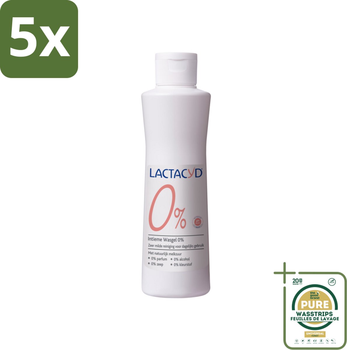5 x Lactacyd – 0% – Milde Wasgel – 250 ml - Grootverpakking - Intieme Wasgel - Gevoelige Huid - PH-vriendelijk - Zeepvrij - 0% Parfum