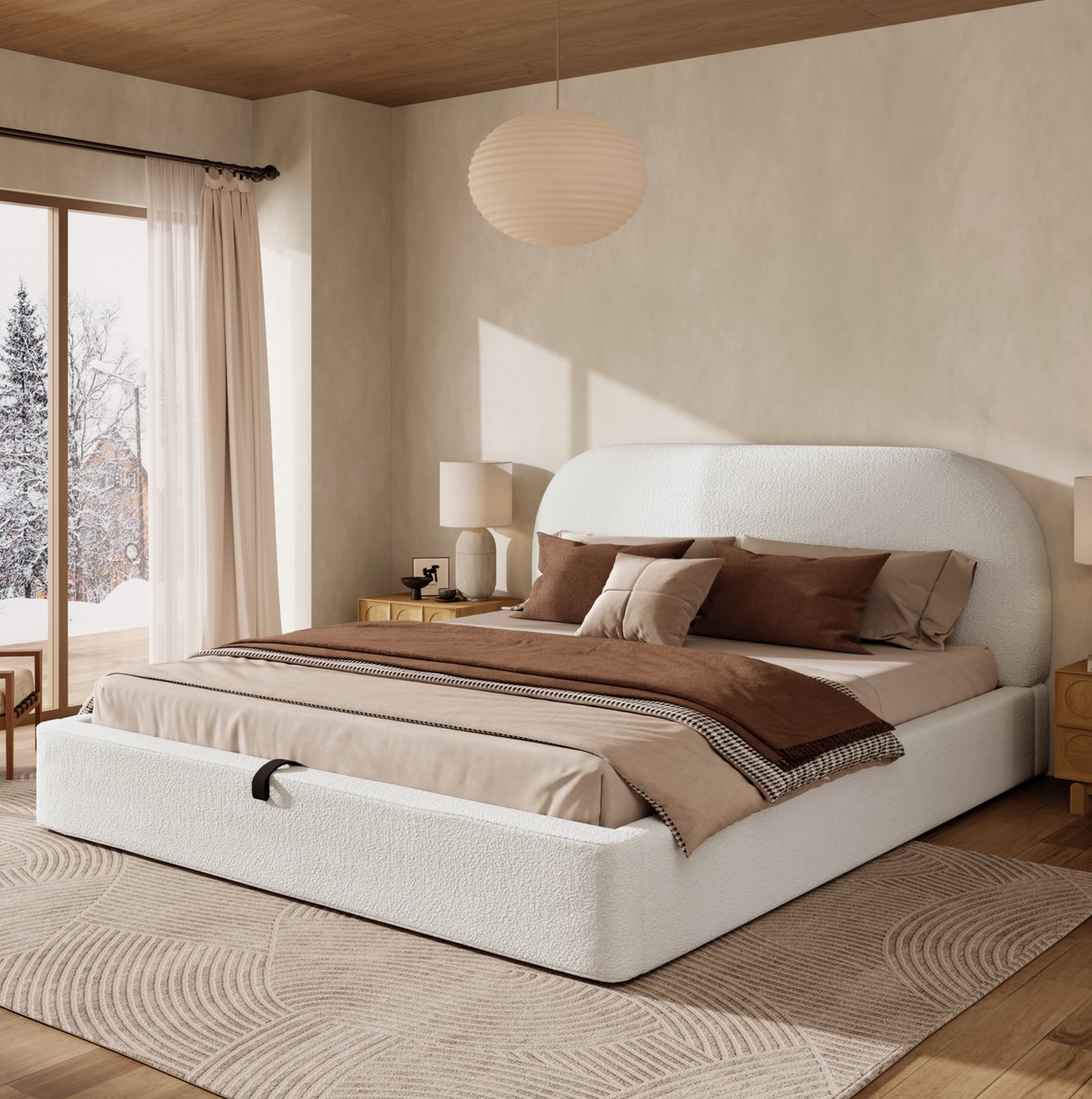 Wishdor Tweepersoonsbed 180 x 200 cm - Hydraulisch opbergbed - Lattenbodem - Bouclé - Beige - Voor slaapkamer met groot beddengoedopbergruim