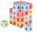 Een toren van gekleurde blokjes met cijfers en rekensymbolen, met een extra blokje ernaast.