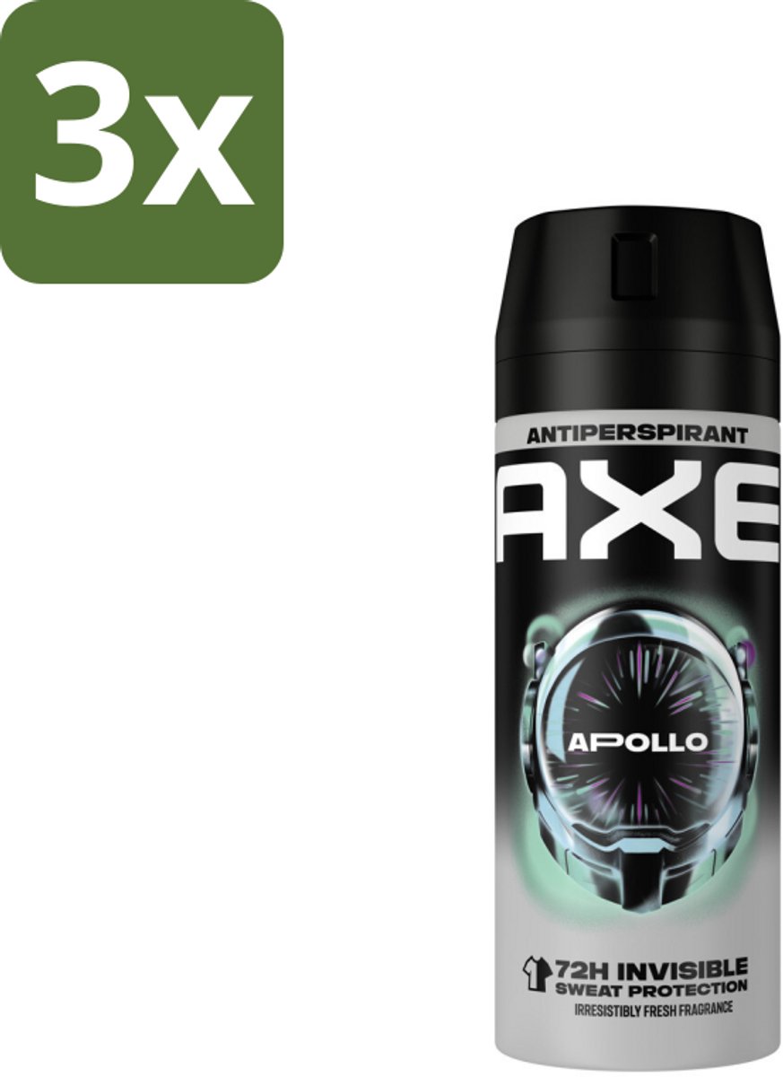 3 x Axe - Deodorant Spray - 72hrs Anti Sweat - Apollo - 150 ml - Anti Transpirant Spray - Zweetbestendig - 72 Uur Bescherming - Geur Groen Fruit - Geur Sandelhout