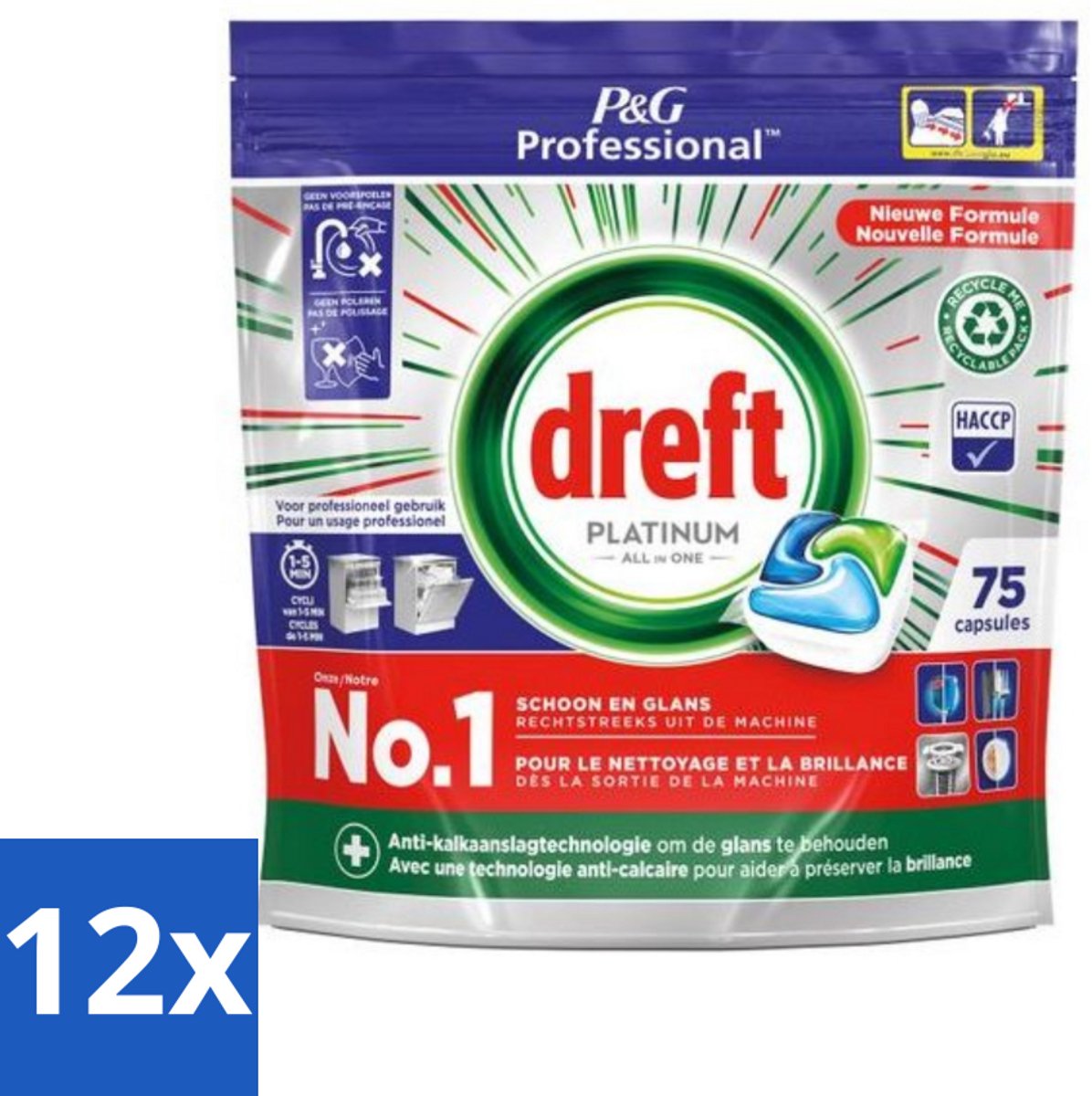 12 x Dreft Professional - Platinum - All In One - Vaatwascapsules - 75 Afwasbeurten - Vaatwascapsules - Vaatwasser Capsules - Professionele Vaatwas - Vaatwasser Reiniging - Hardnekkige Vlekken