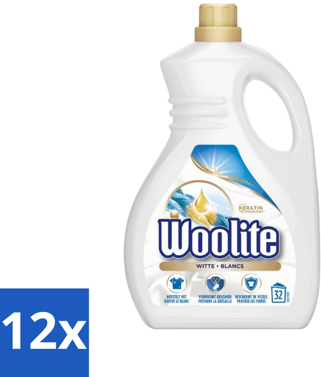 12 x Woolite White - Vloeibaar Wasmiddel - Met Keratine - Witte Was - 32 Wasbeurten - 1,9L - Witte Was - Wasmiddel - Wasmiddel Voor Witte Kleding - Keratine - Wasmiddel Met Keratine