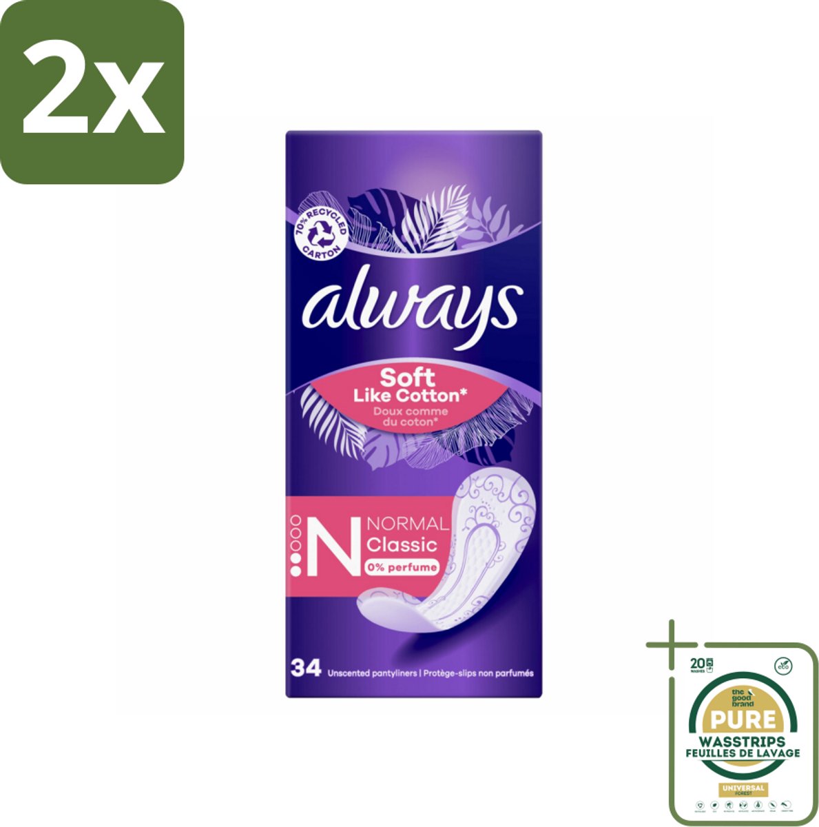 Always – Inlegkruisjes – Discreet Normal – 34 stuks per verpakking - Voordeelverpakking - 2 stuks - Hygiëne - Afscheiding