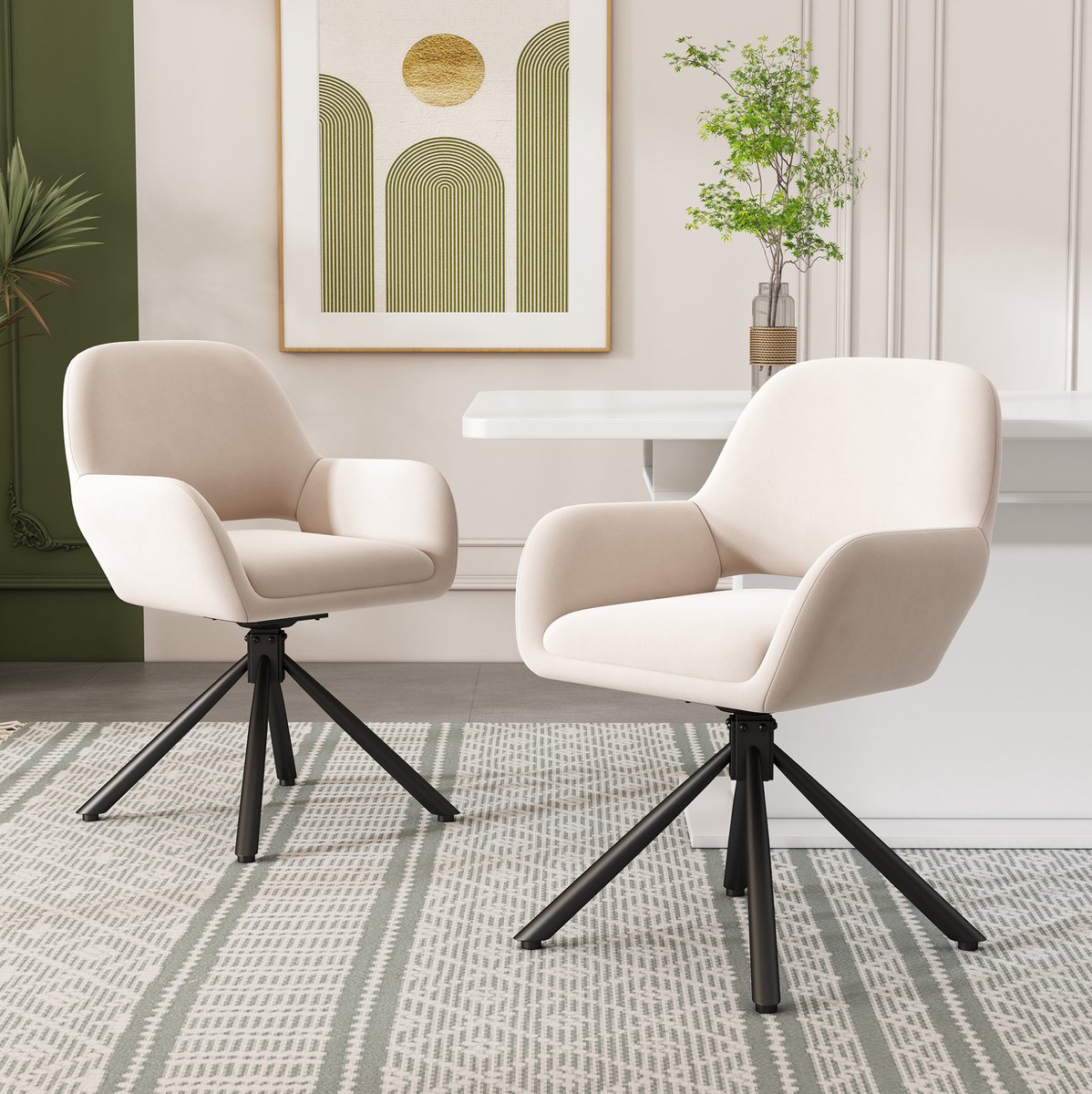 MIVRAY Eetkamerstoel Set Van 4 - Draaibare Kuipstoel Met Armleuningen - Voor Eetkamer En Woonkamer - Velvet - Beige