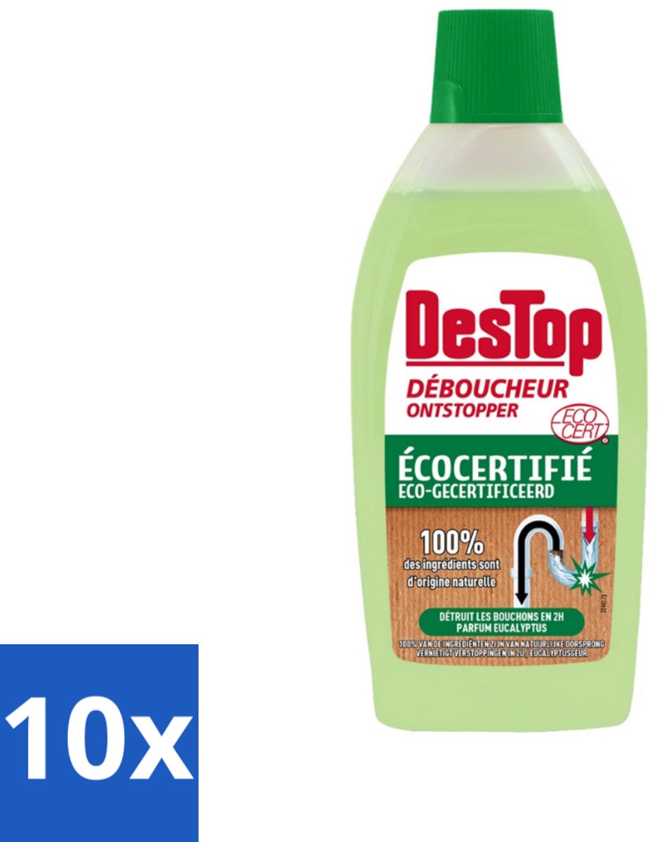 10 x DesTop - Onderhoud & Ontstop Leidingen - Biologische Ontstopper - Natuurlijke Ingrediënten - Eucalyptusgeur - 500 ml - Ontstopper - Verstopping - Natuurlijke Ontstopper - Eucalyptus - Ecologisch Onderhoud
