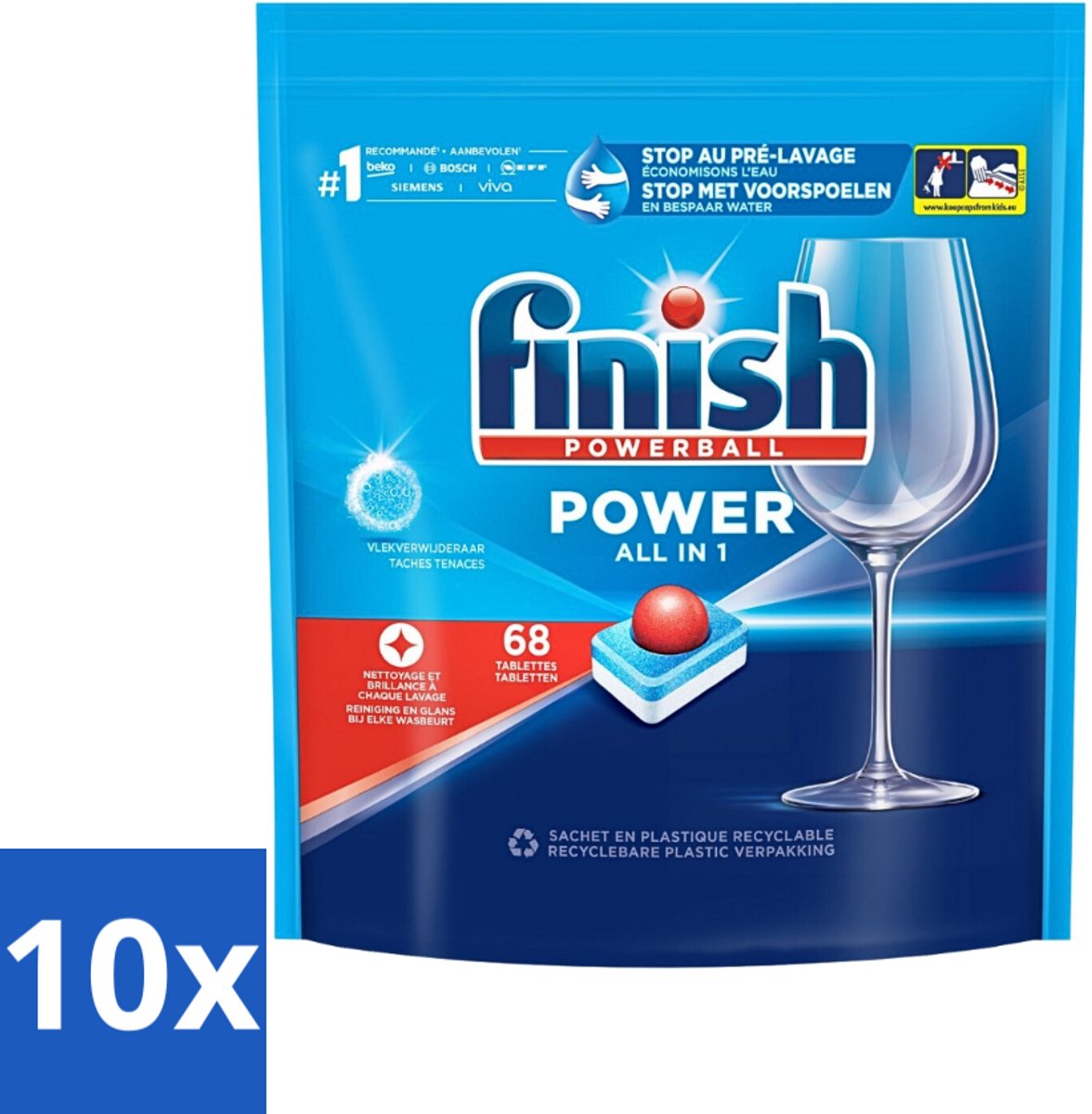 10 x Finish Powerball - Power All in 1 - Vaatwastabletten - Reiniging & Glans - 68 Tabletten - Vaatwastabletten - Vaat Reinigen - Vlekverwijderaar - Vaatwasmiddel - Krachtige Vaatwasmiddel