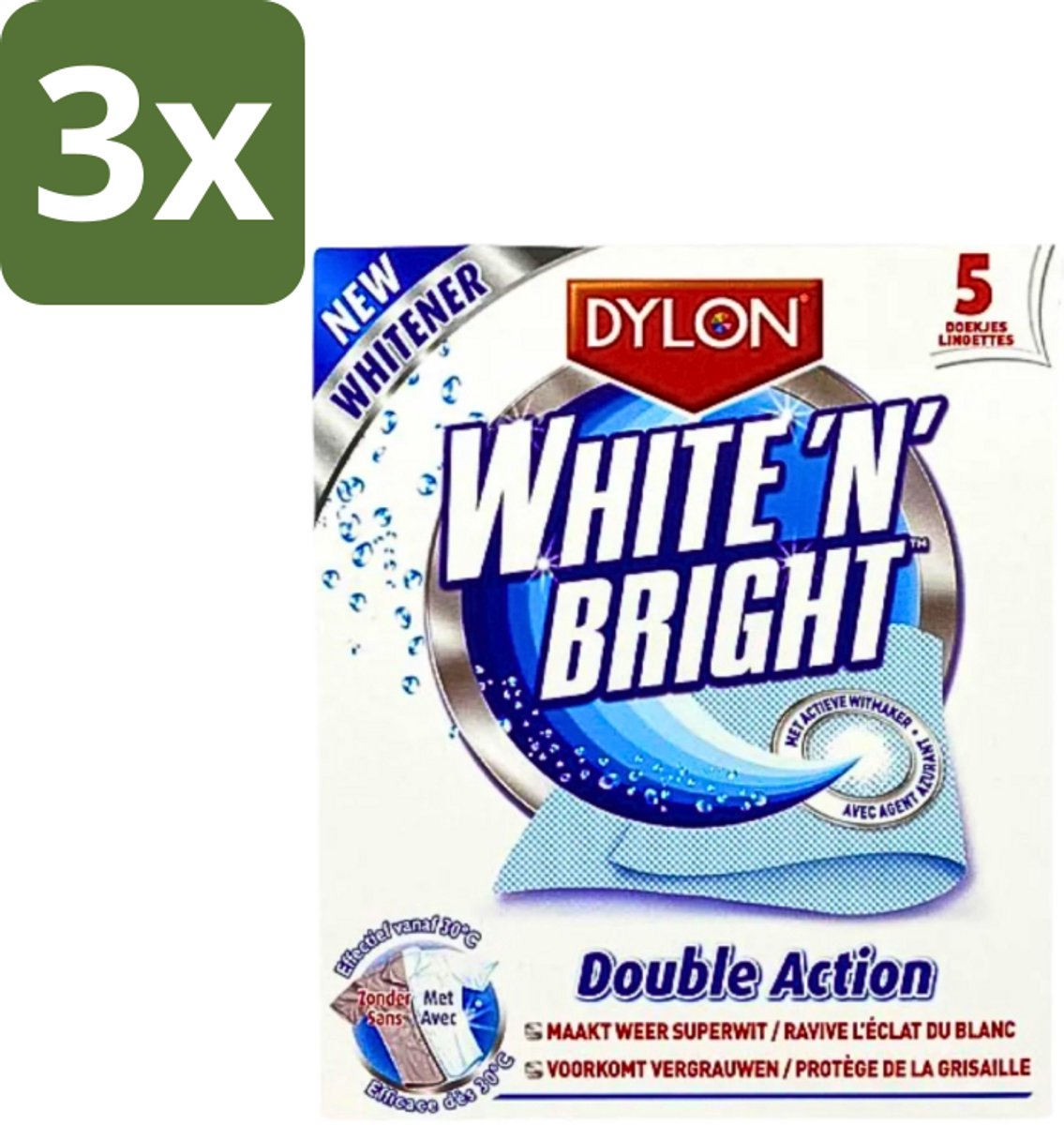 3 x Dylon - Vlekverwijderaar - White & Bright - Superwit & Vlekkeloos - 5 Doekjes - Wit Maken Kleding - Vlekverwijderaar - Wit Textiel - Koffievlek - Theevlek